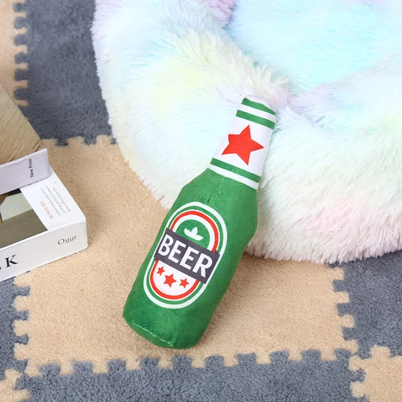 Fun Beer Bottle Shaped Plush Dog Chew Toy Squeaky