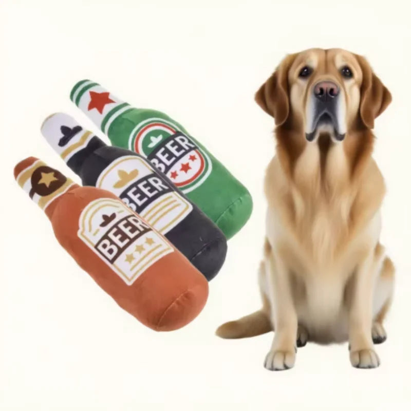 Fun Beer Bottle Shaped Plush Dog Chew Toy Squeaky