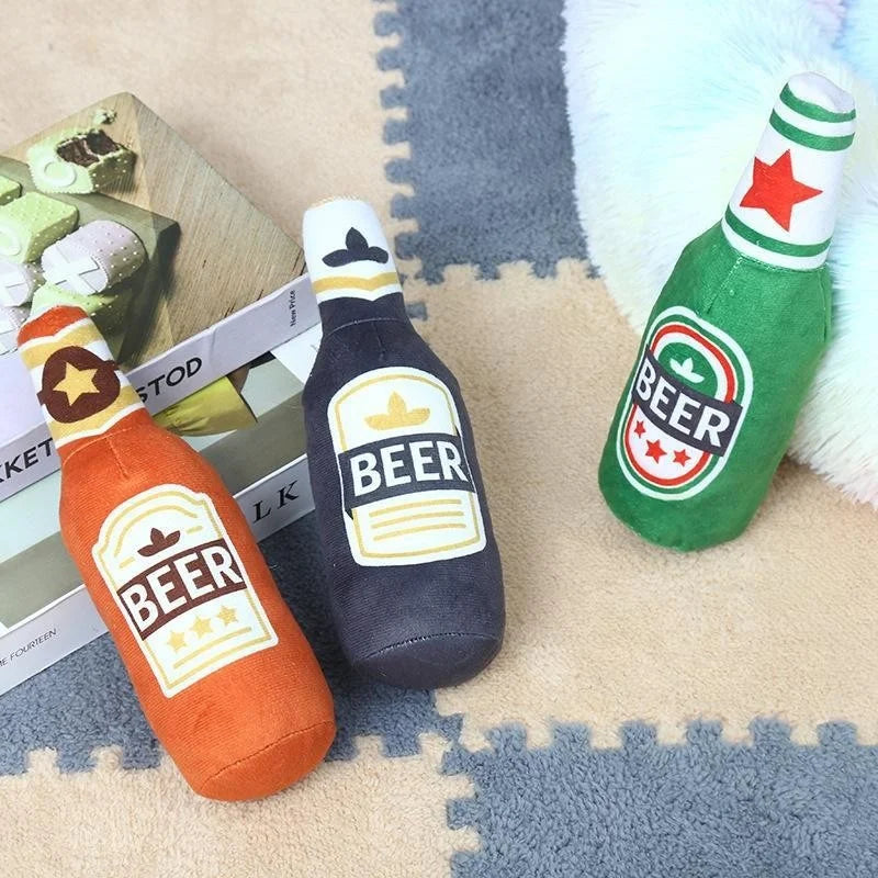 Fun Beer Bottle Shaped Plush Dog Chew Toy Squeaky