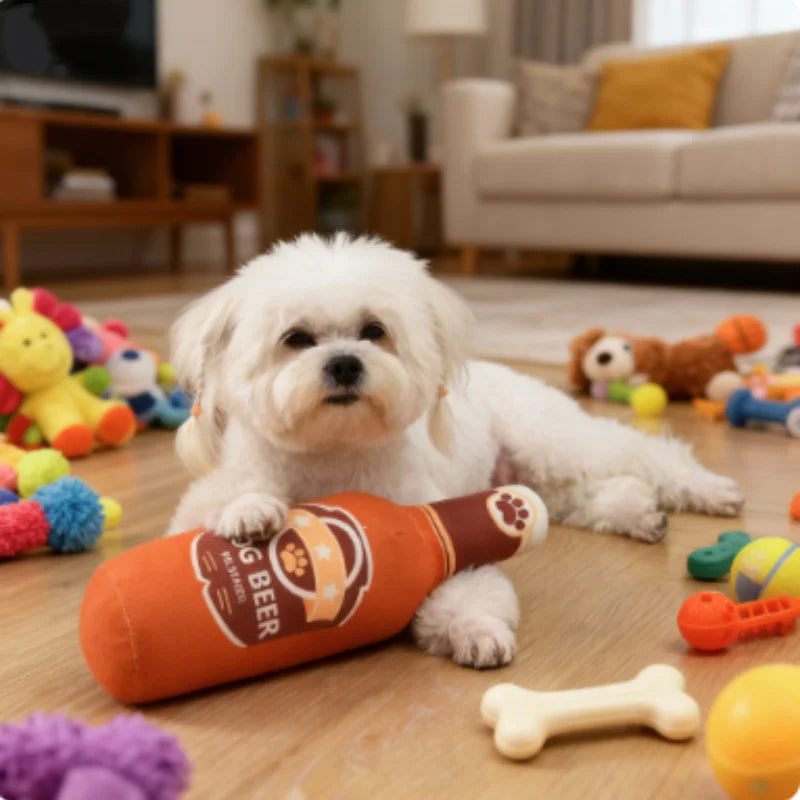 Fun Beer Bottle Shaped Plush Dog Chew Toy Squeaky
